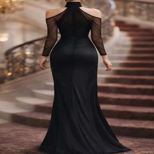 Cold Shoulder Mesh Sleeve Maxi Dress--Splashis-Trendsi