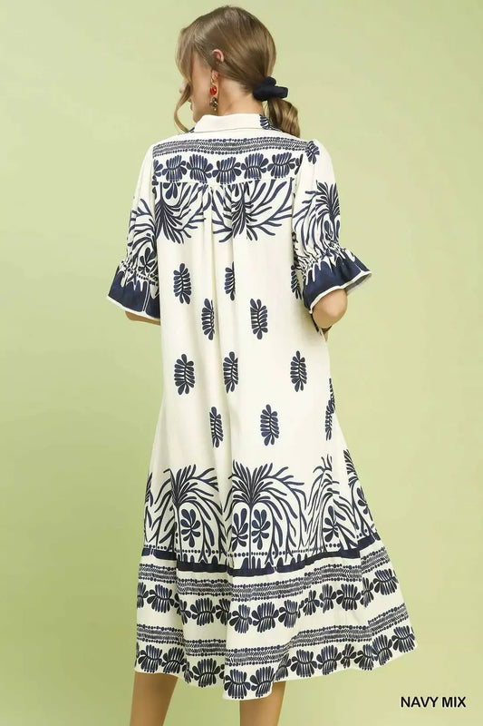 Umgee Border Print Midi Dress with Puff Sleeves--Splashis-Trendsi