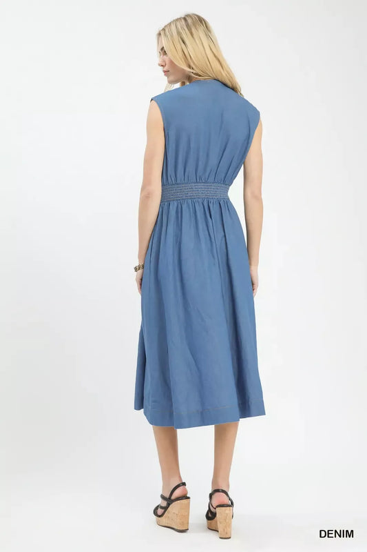 Umgee Denim Sleeveless Zip-Front Smocked Waist Midi Dress--Splashis-Trendsi