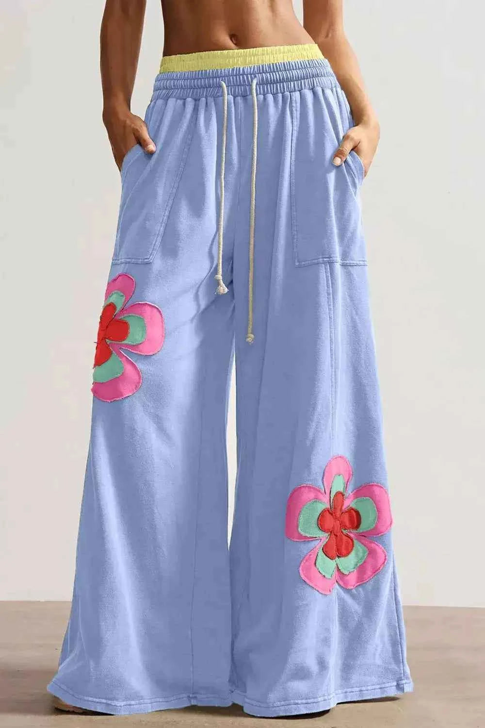 Color Block Wide Leg Pants with Flower Patchwork and Drawstring Waist for Ultimate Comfort - Splashis
