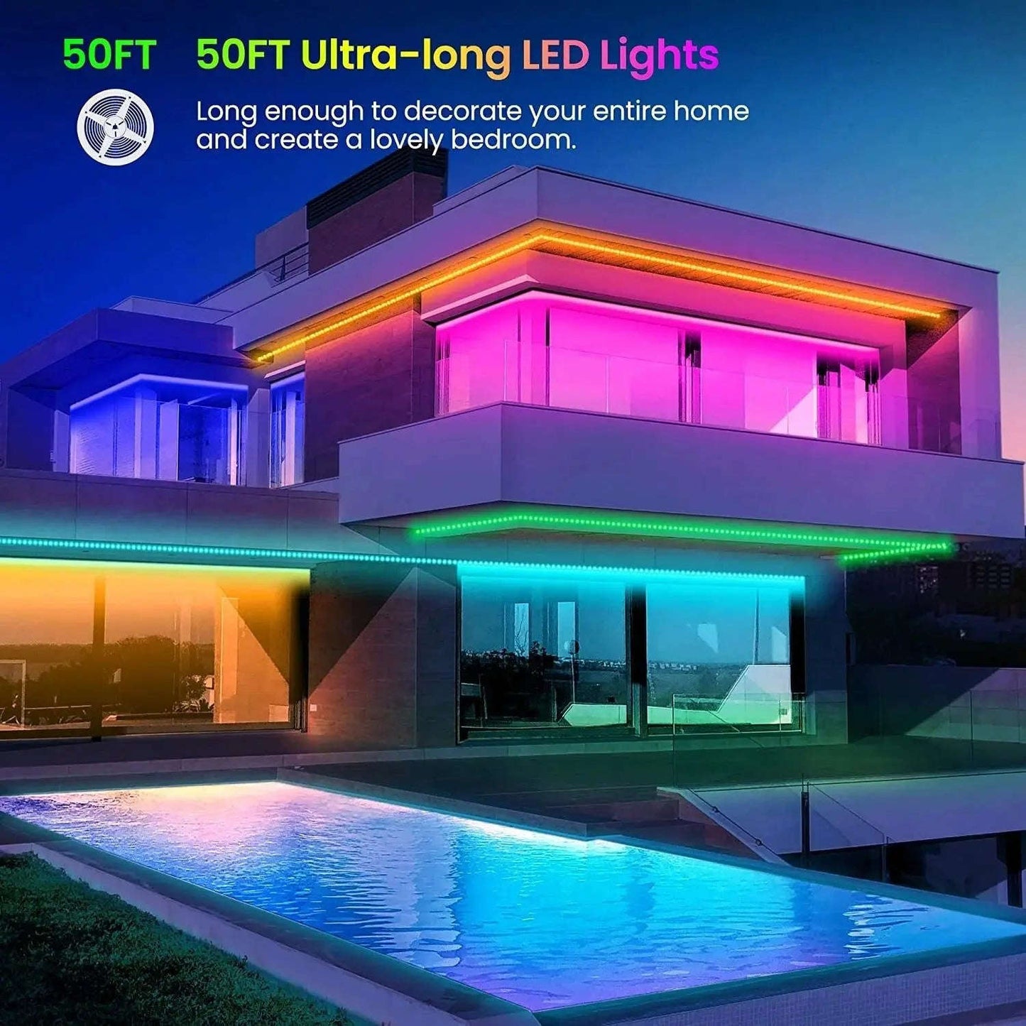Glow Strip 50ft RGB LED Lights Splashis 16 million color led lights 16 million colors 5 star led 50000 hour led 50ft led lights accent wall lights adhesive led strip aesthetic lighting aesthetic room lights affordable led alexa compatible