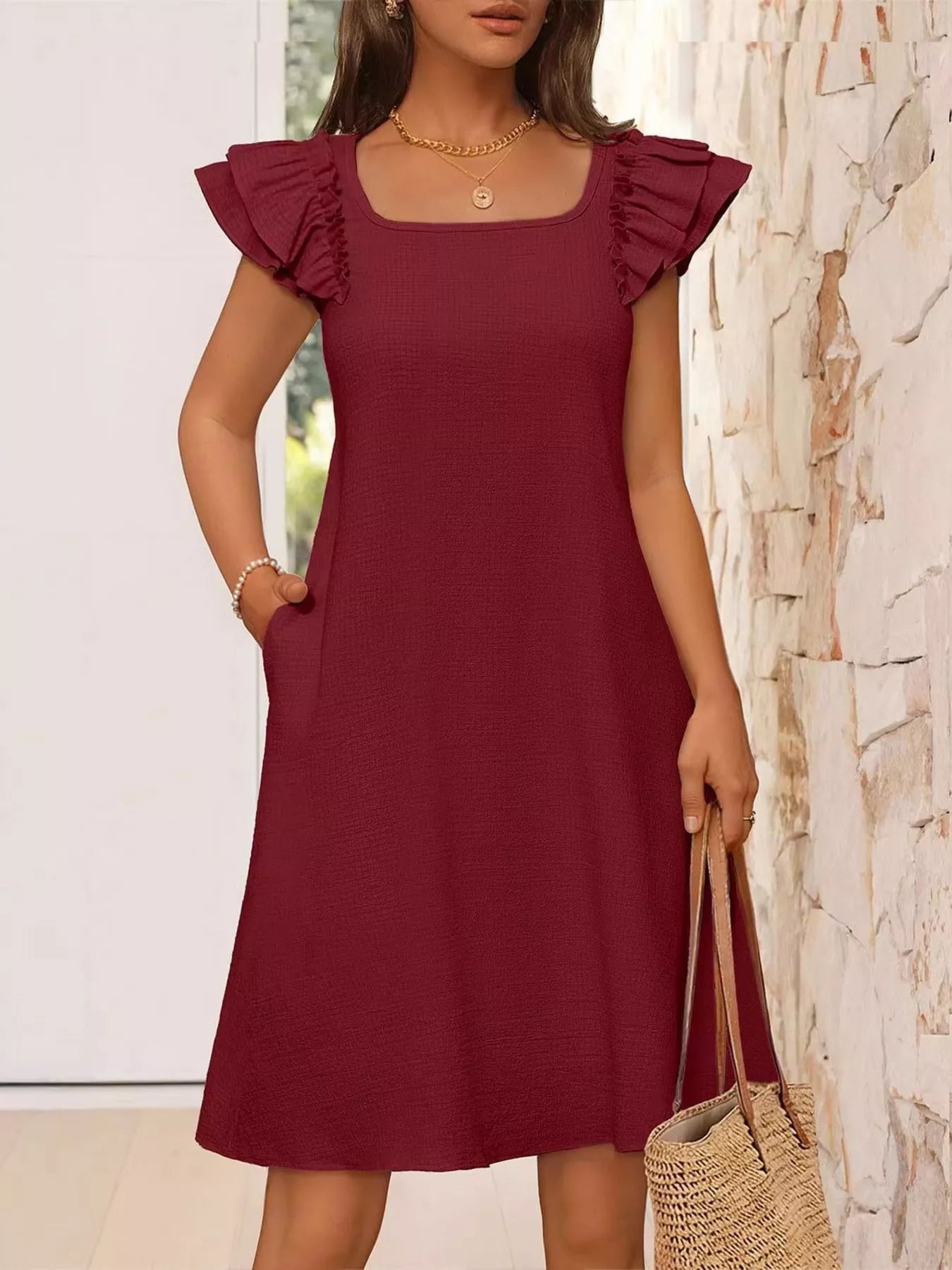 Ruffled Sleeve Square Neck Casual Dress-Casual Dresses-Splashis-Splashis