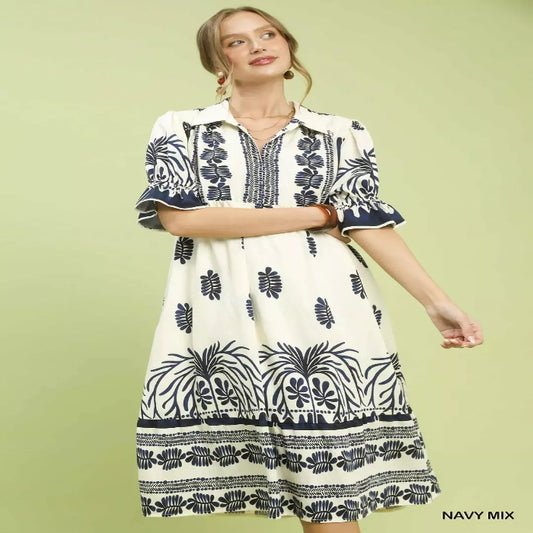  Border Print Midi Dress with Puff Sleeves--Splashis-Color:NAVY MIX-Size:S,M,L