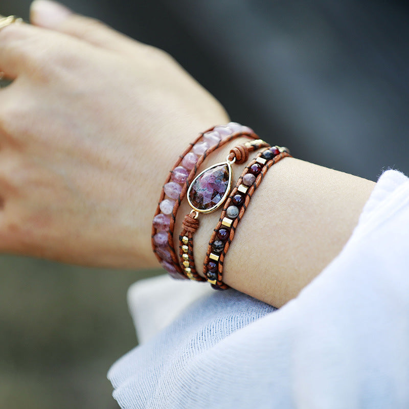 Natural Stone Layered Bracelet--Splashis-Color:Deep Red-Size:One Size-Trendsi