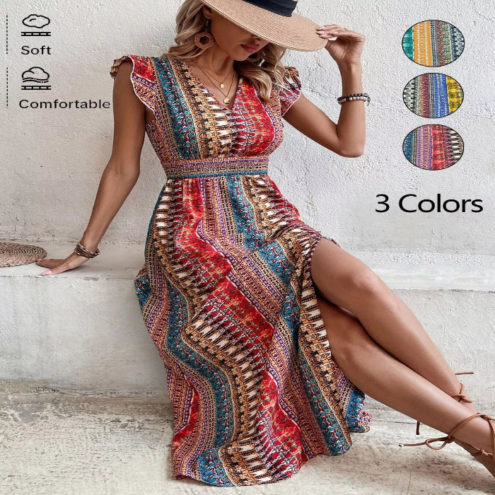Boho Print Ruffle Sleeve Slit Dress-Casual Dresses-Splashis-Splashis