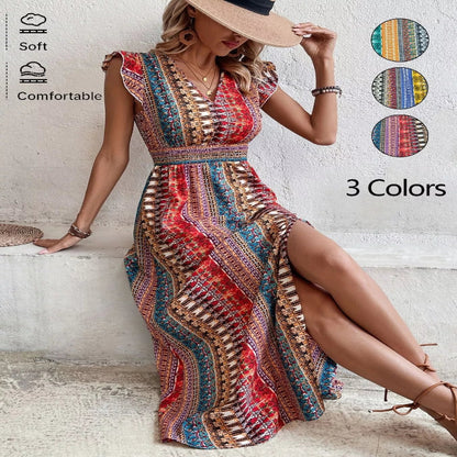 Boho Print Ruffle Sleeve Slit Dress-Casual Dresses-Splashis-Splashis