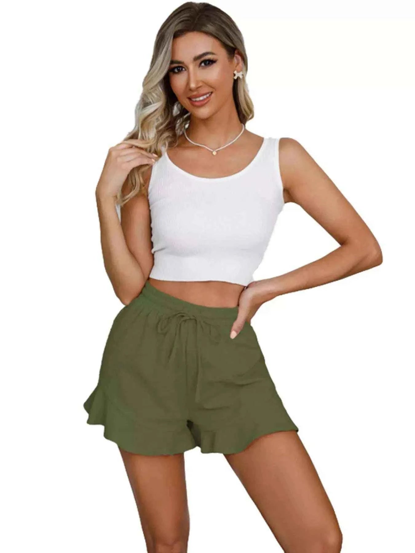 Ruffle Hem Drawstring Shorts - Splashis