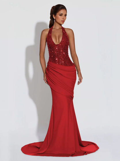 Sequin Halter Neck Maxi Dress-Maxi Dress.-Splashis-Color:Scarlet-Size:XL-Splashis