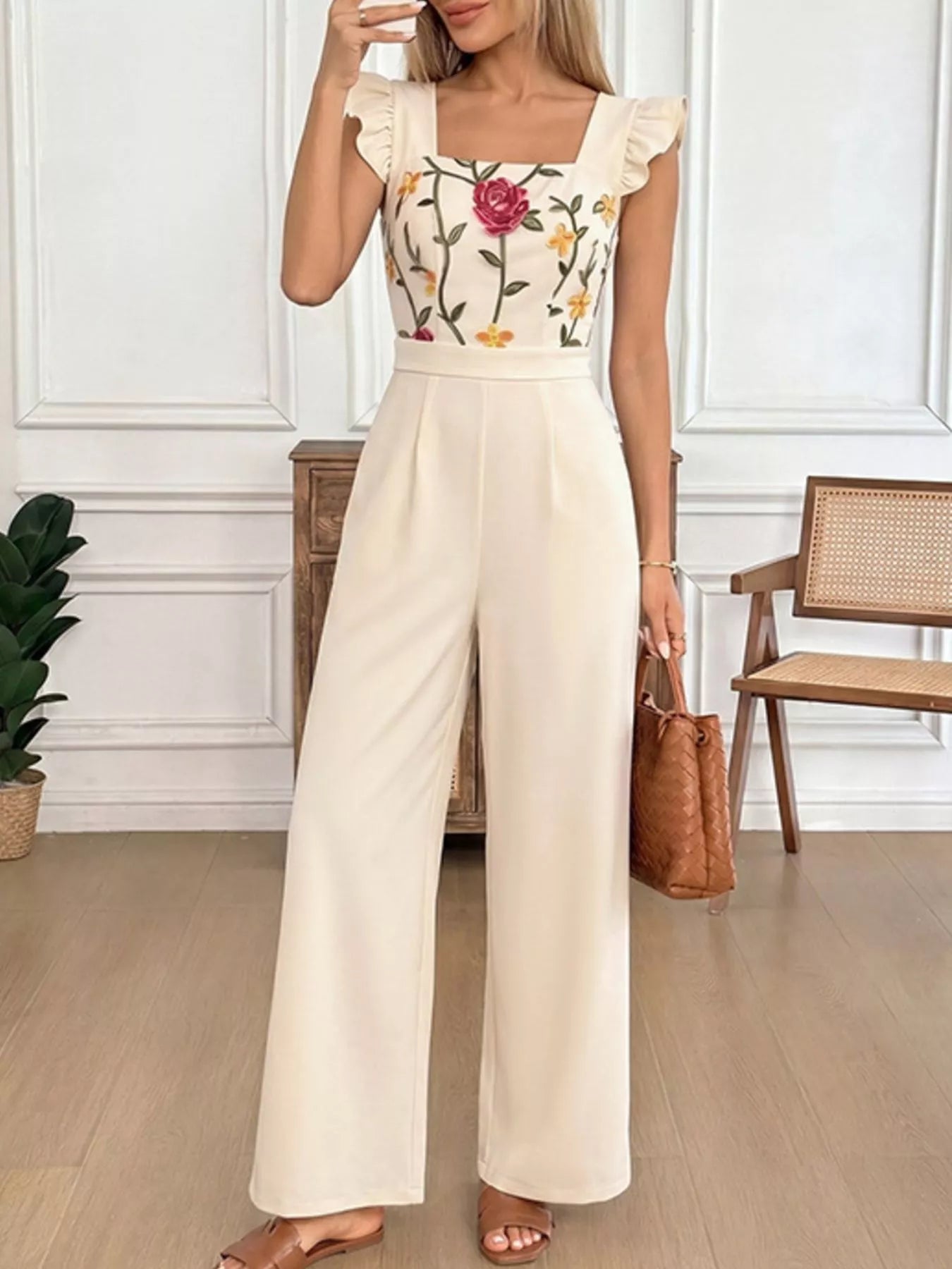 Floral Embroidered Jumpsuit Ruffle Trim-Jumpsuit-Splashis-Splashis