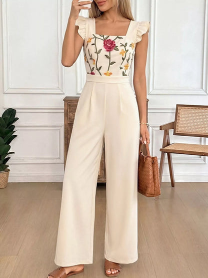 Floral Embroidered Jumpsuit Ruffle Trim-Jumpsuit-Splashis-Splashis