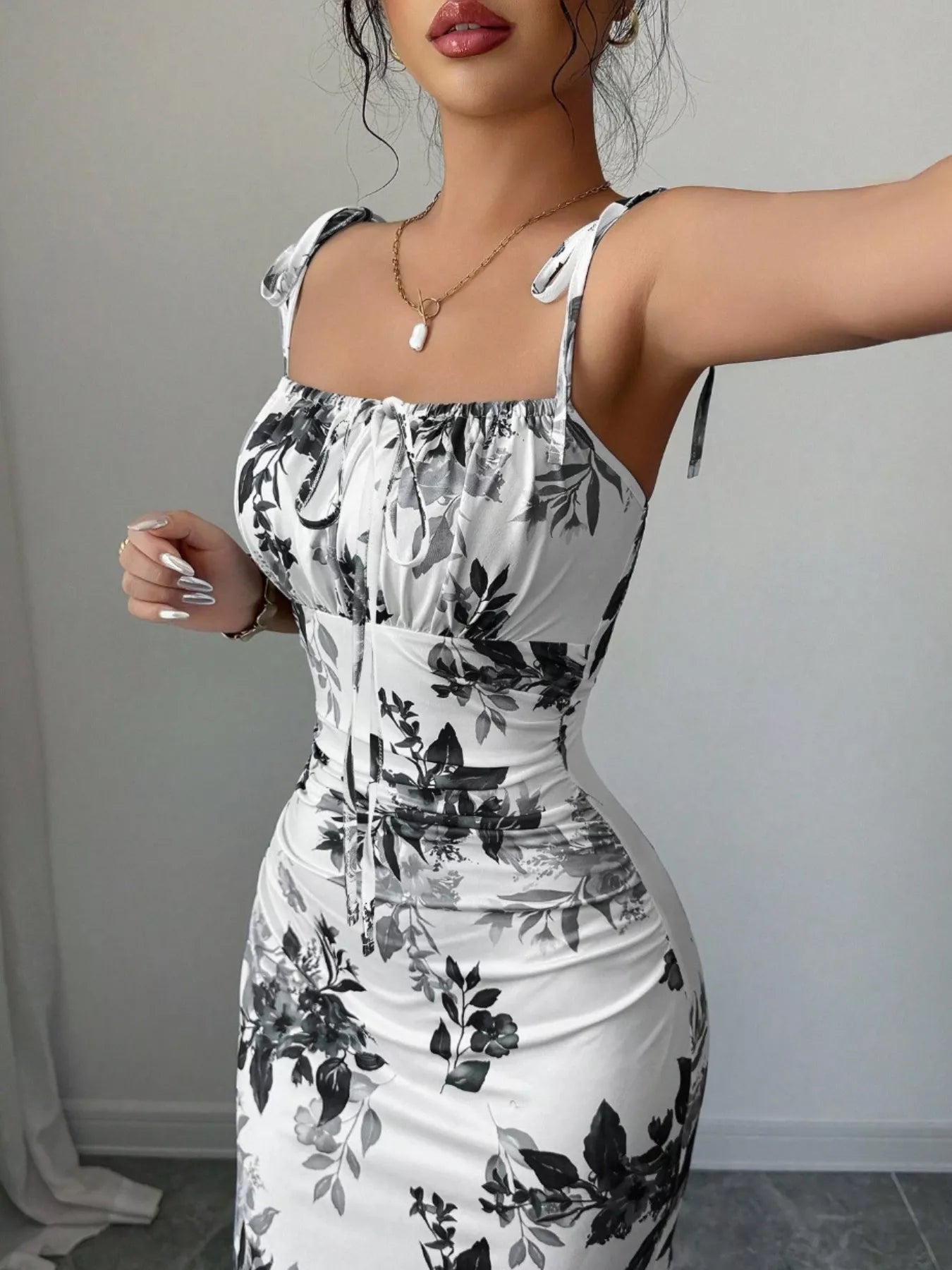 Printed Tie Strap Slit Maxi Dress-Maxi Dress.-Splashis-Splashis