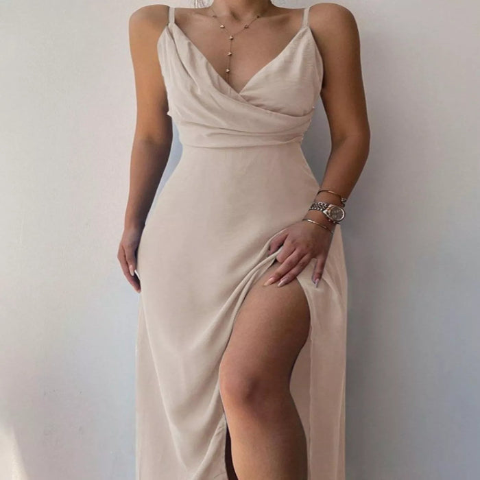 Summer Slit Maxi Dress with Spaghetti Straps-Maxi Dress.-Splashis-Color:Dust Storm-Size:XL-Splashis