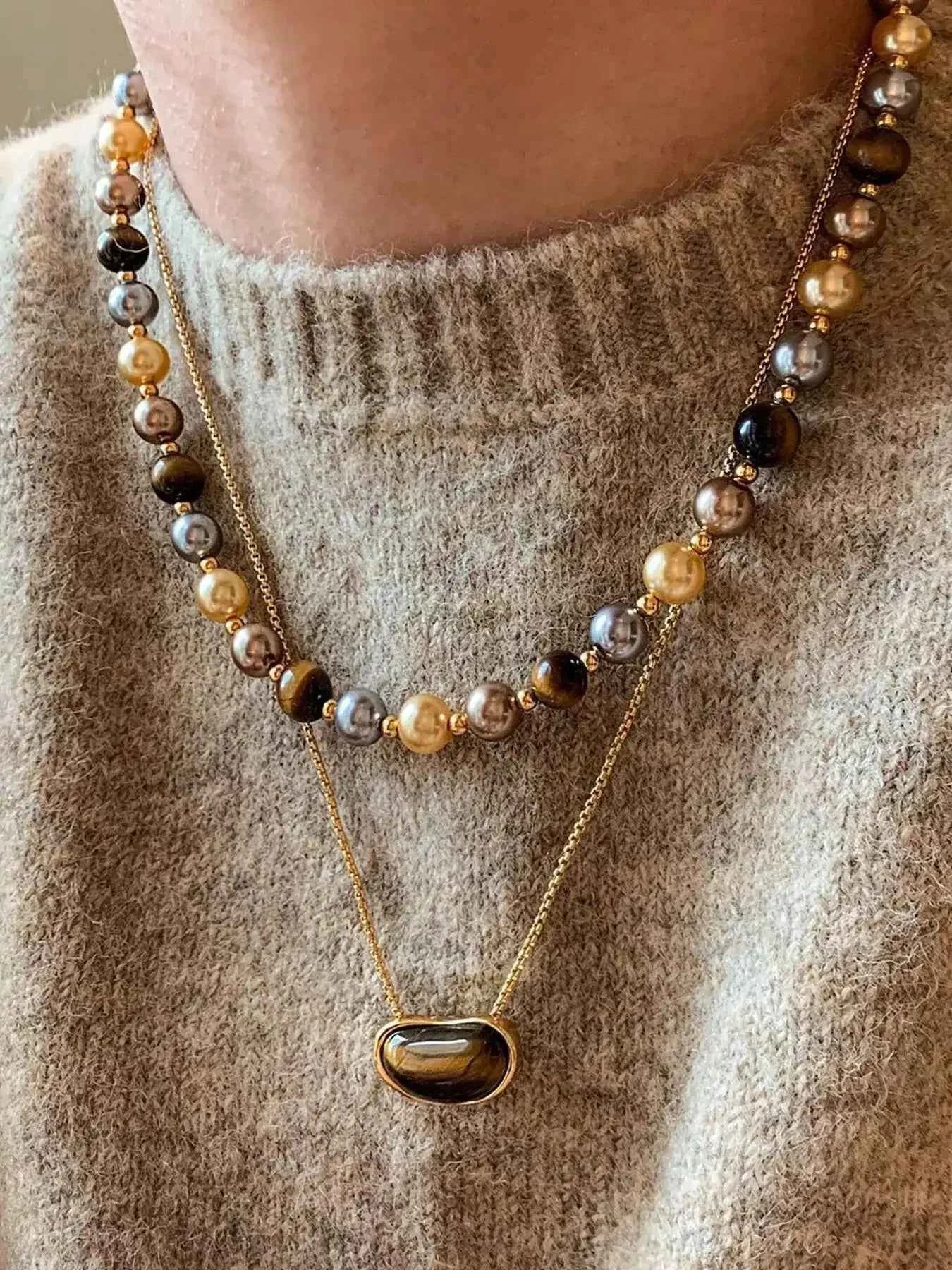 Tiger Eye & Pearl Beaded Necklace Sekundär produktbild