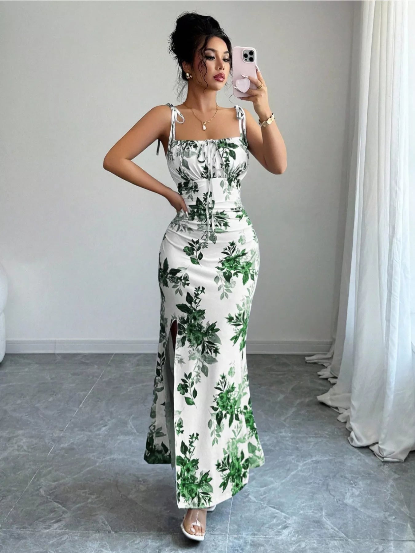Printed Tie Strap Slit Maxi Dress-Maxi Dress.-Splashis-Splashis