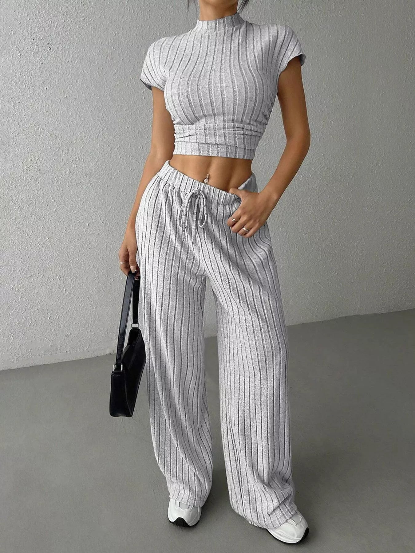 Ribbed Knit Top and Wide Leg Pants Set 副图