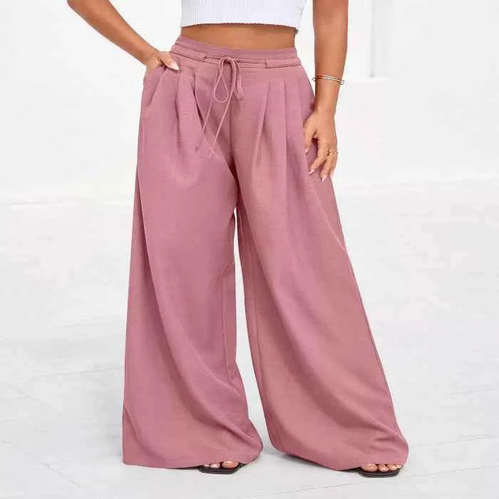 Full Size Plus Size High-Waisted Wide-Leg Pants for Effortless Style-Bottom-Splashis-Color:Dusty Pink-Size:3XL-Splashis