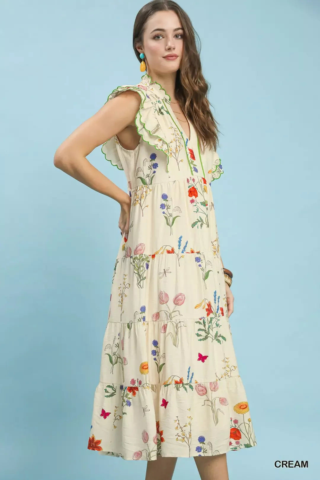 Umgee Floral Ruffle Tiered Midi Dress with Scalloped Detail--Splashis-Trendsi