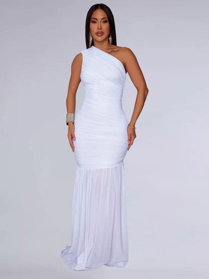 One-Shoulder Ruched Bodycon Maxi Dress-Maxi Dress.-Splashis-Color:White-Size:2XL-Splashis