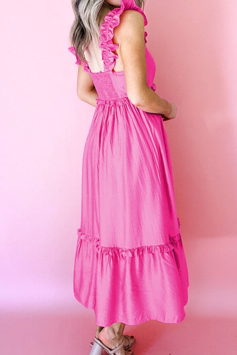Solid Color Ruffle Trim High Waist Sleeveless Maxi Dress-Maxi Dress.-Splashis-Splashis
