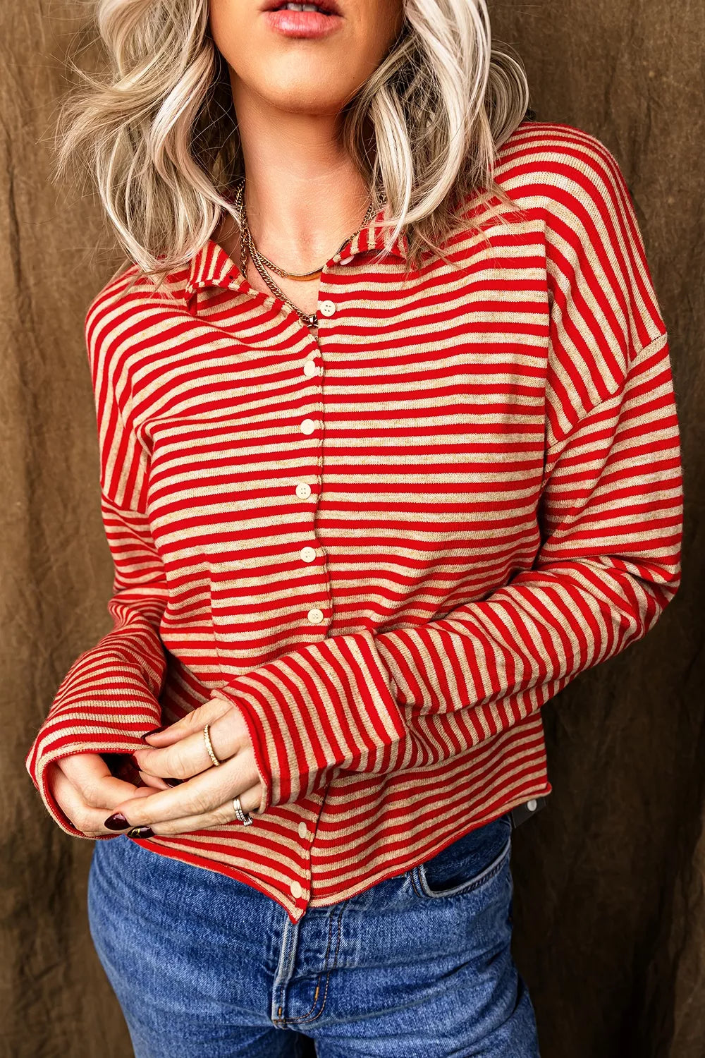 Stripe Striped Button Collar Long Sleeve Knit Cardigan Secondary image