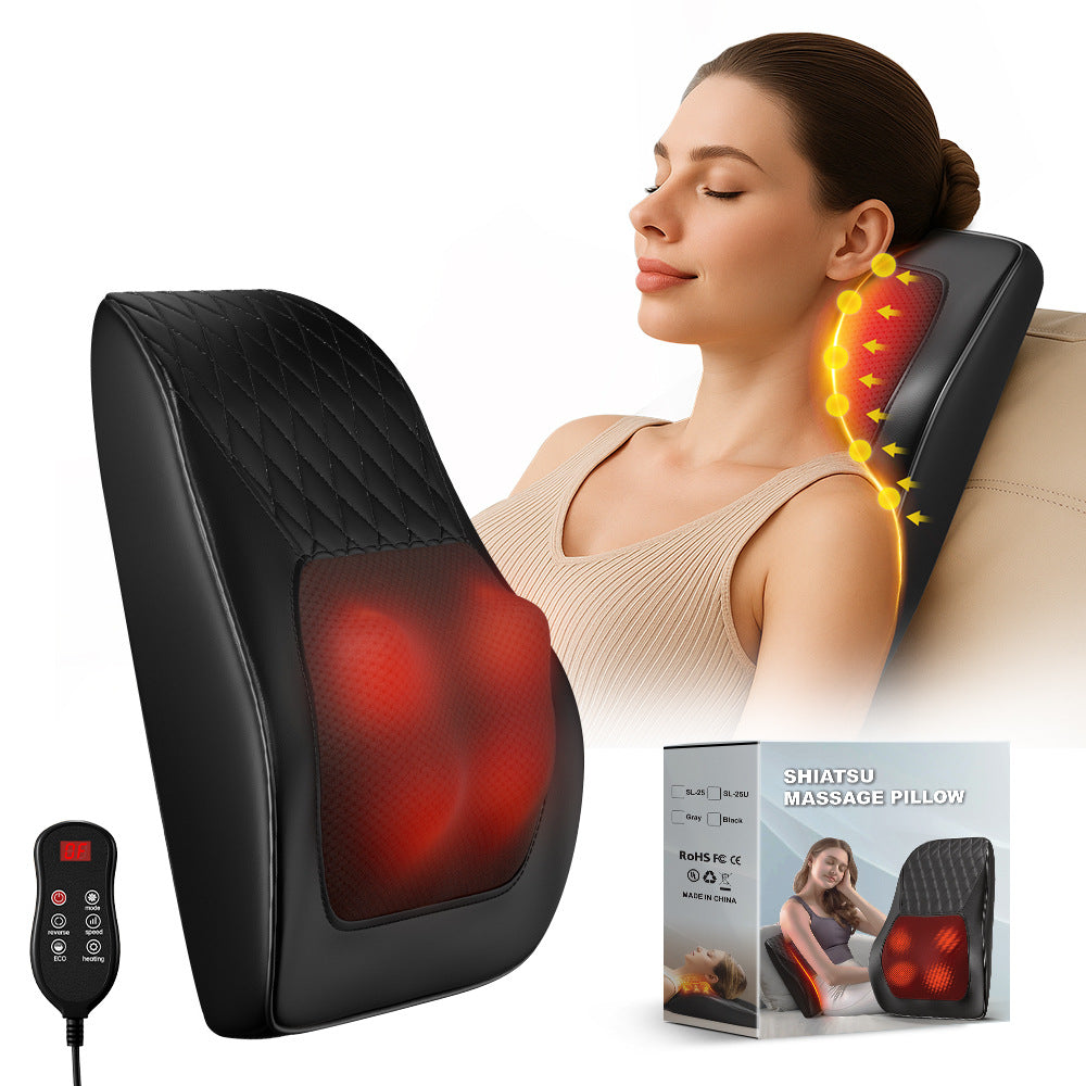 Massage pillow shown in use for lower back relief