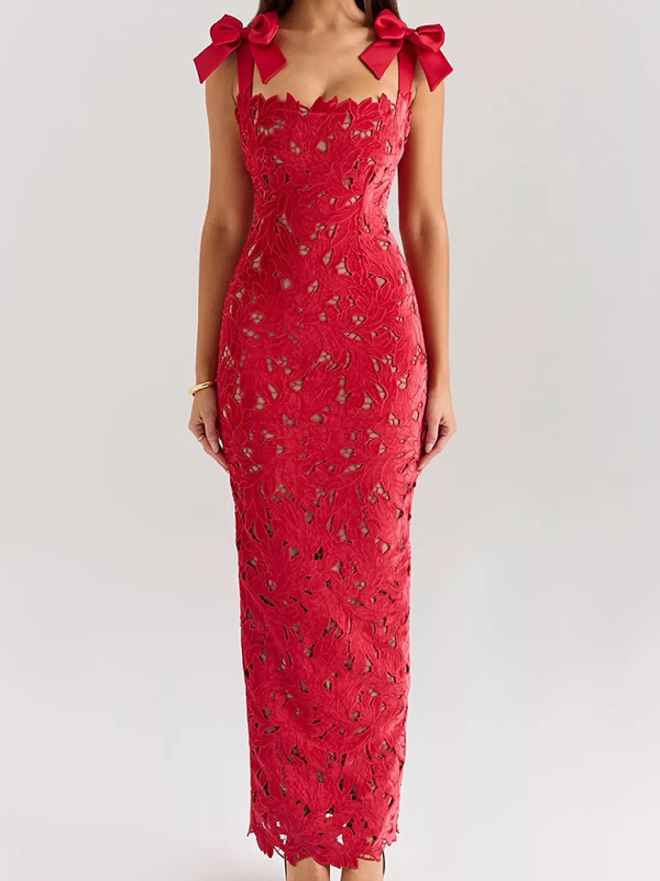 Lace Cutout Tie Shoulder Maxi Dress with Side Slit-Formal + Evening Dresses-Splashis-Splashis
