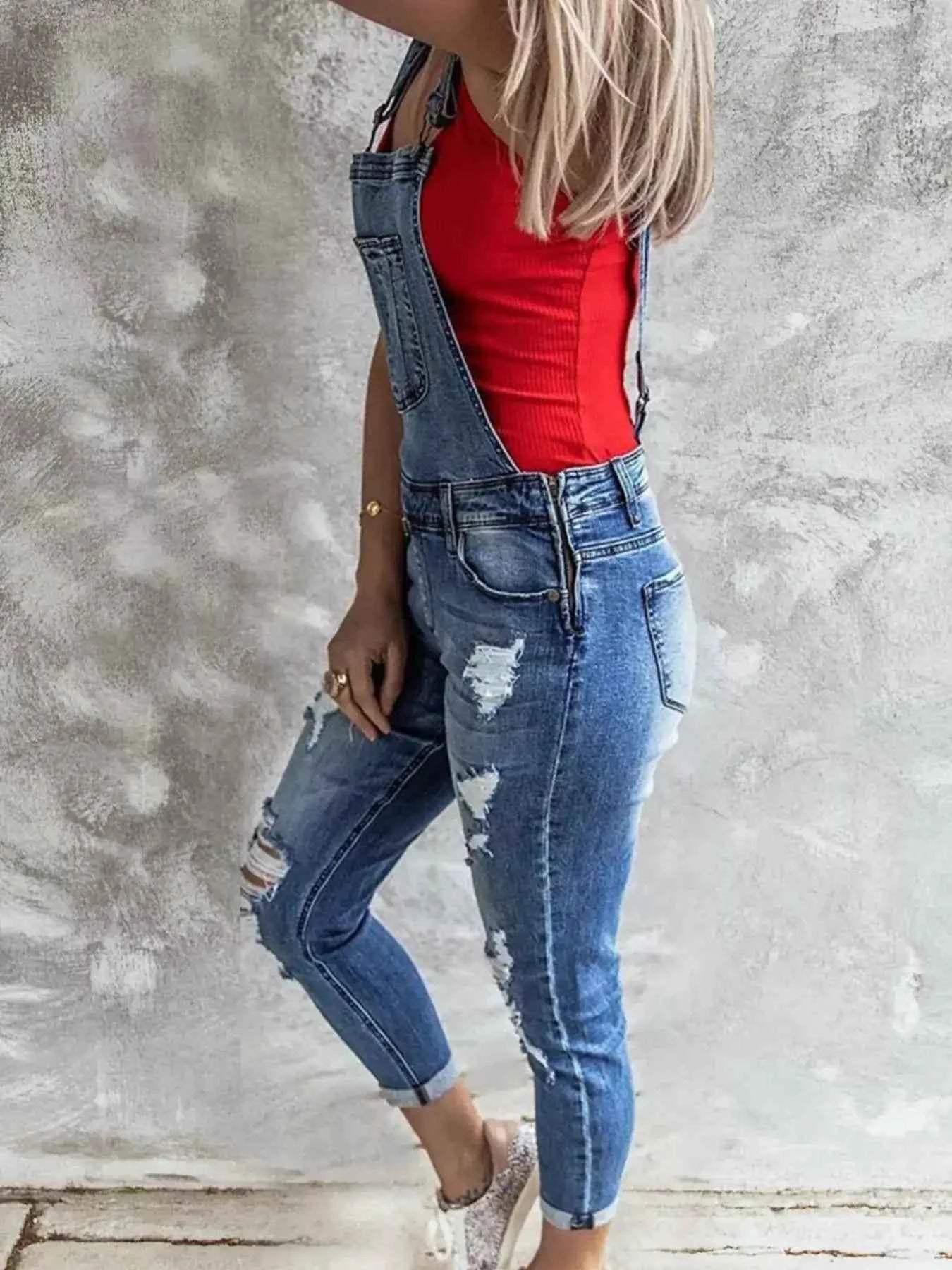 Casual Chic Distressed Denim Overalls サブ画像