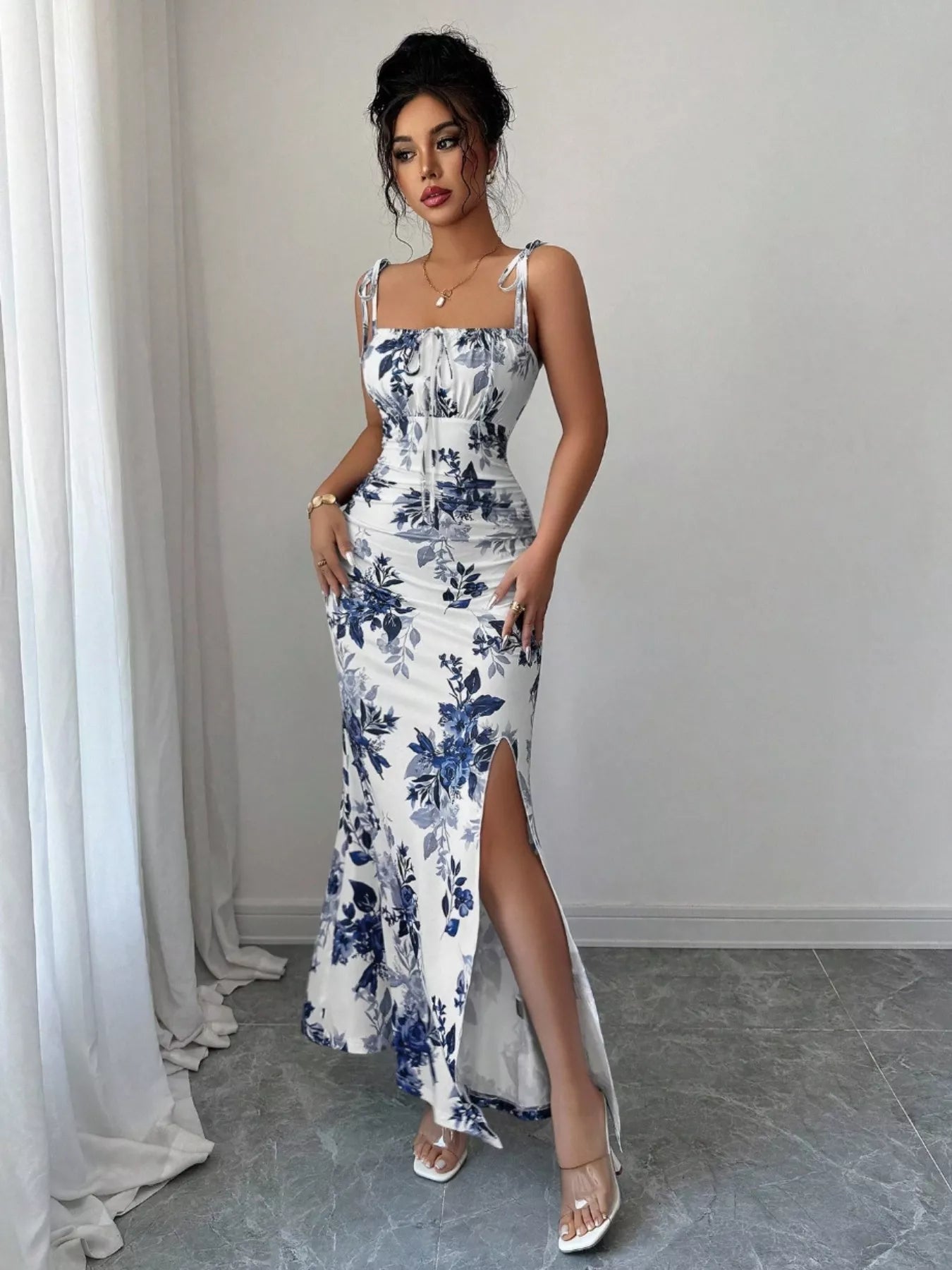 Printed Tie Strap Slit Maxi Dress-Maxi Dress.-Splashis-Splashis