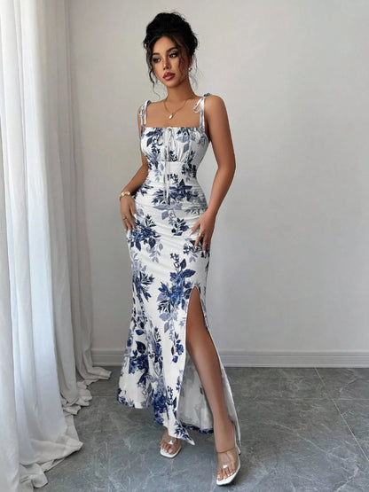 Printed Tie Strap Slit Maxi Dress-Maxi Dress.-Splashis-Splashis