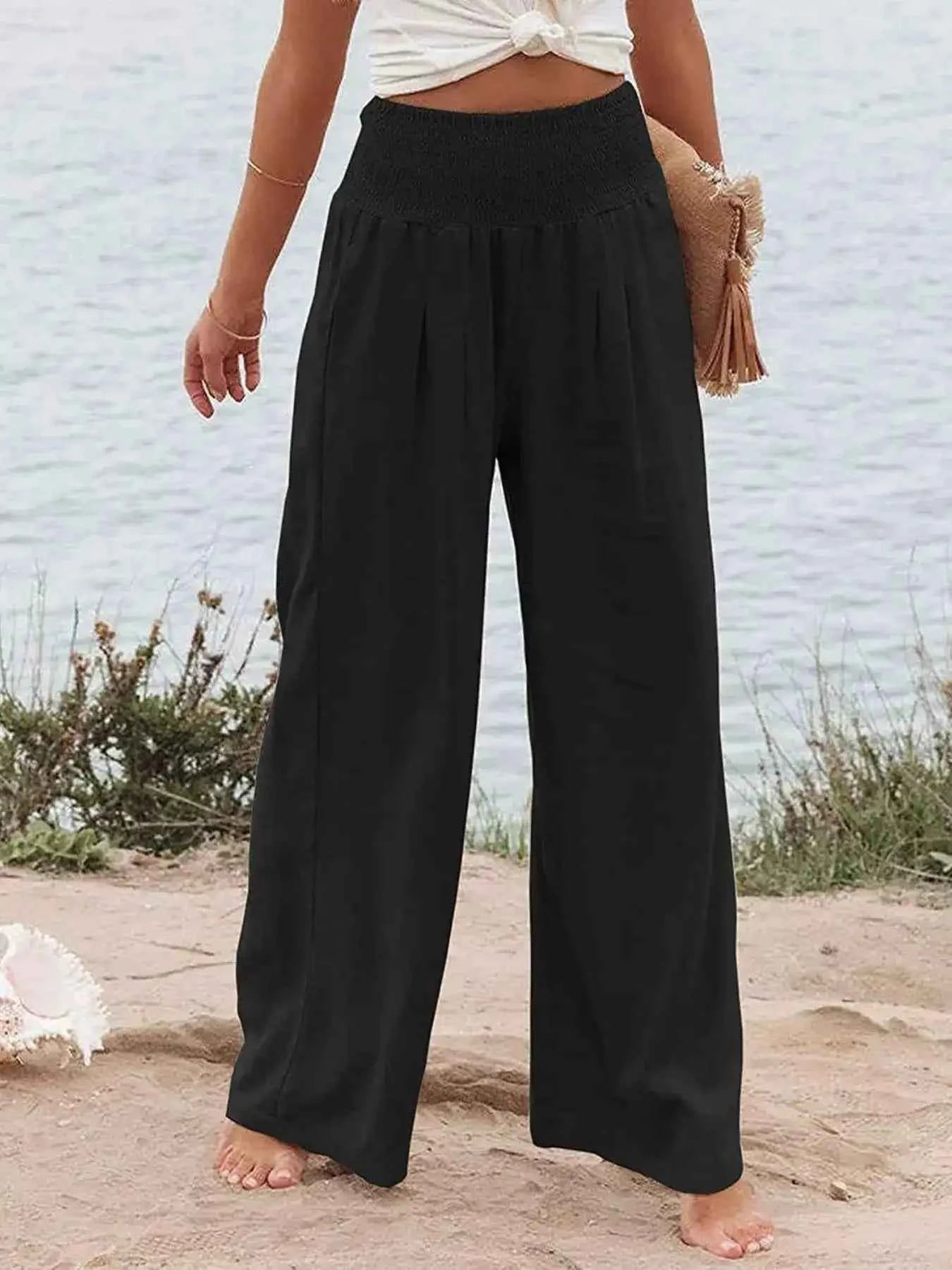 Smocked High Waisted Wide Leg Pants for Effortless Style and Comfort - Splashis
