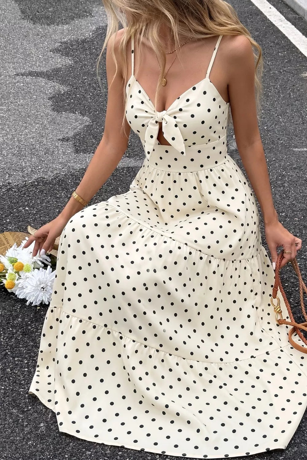 Polka Dot Tie-Front Cutout Maxi Dress-Maxi Dress.-Splashis-Splashis