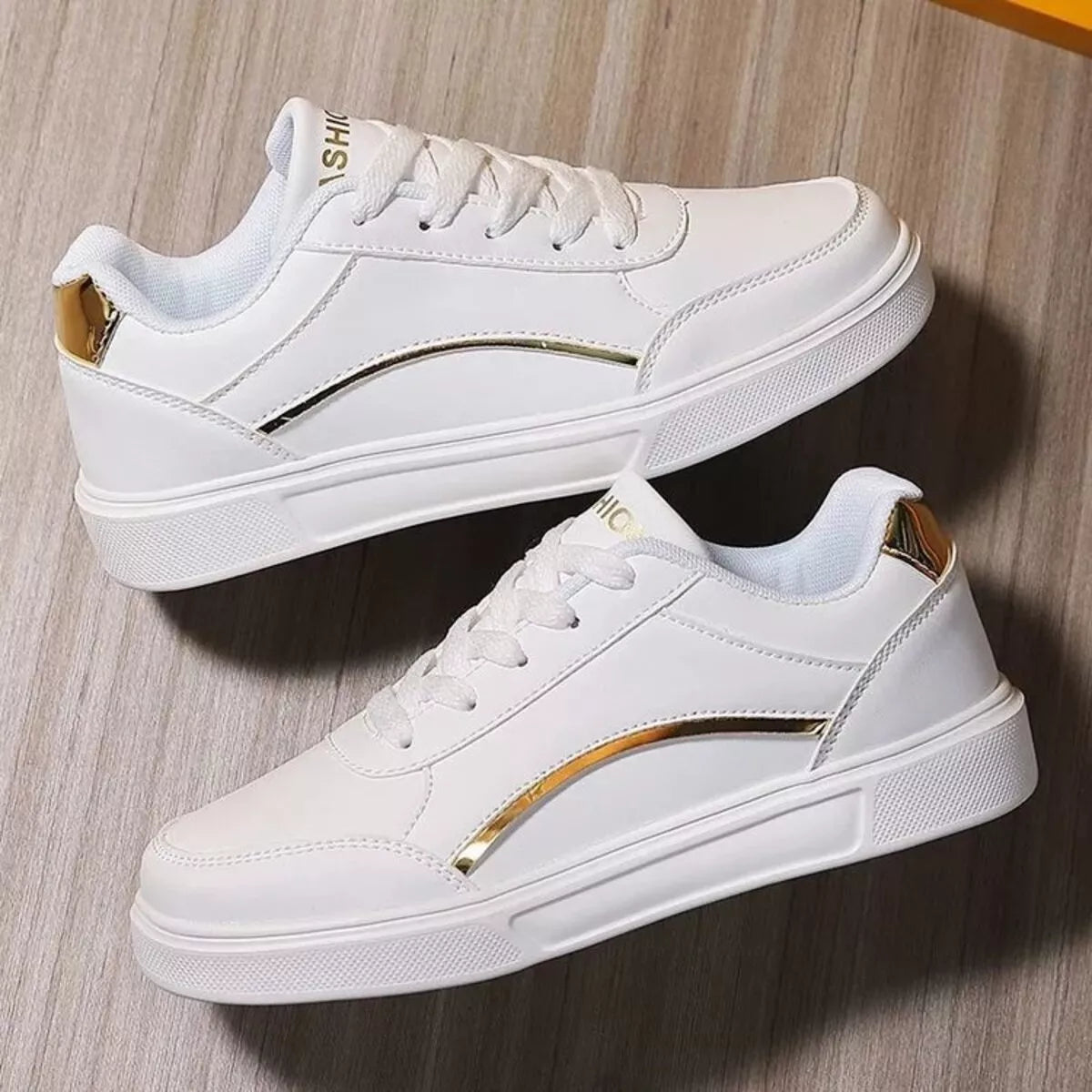 Round Toe Lace Up Sneakers - Gold/White Secondary image