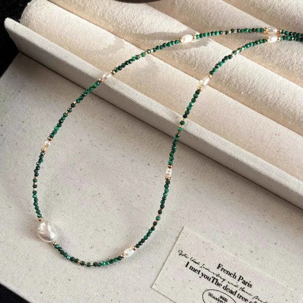 Freshwater pearl and malachite beaded necklace — additional view 10