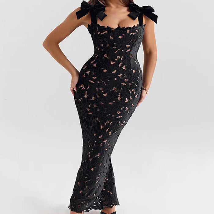 Lace Cutout Tie Shoulder Maxi Dress with Side Slit-Formal + Evening Dresses-Splashis-Color:Black-Size:XL-Splashis