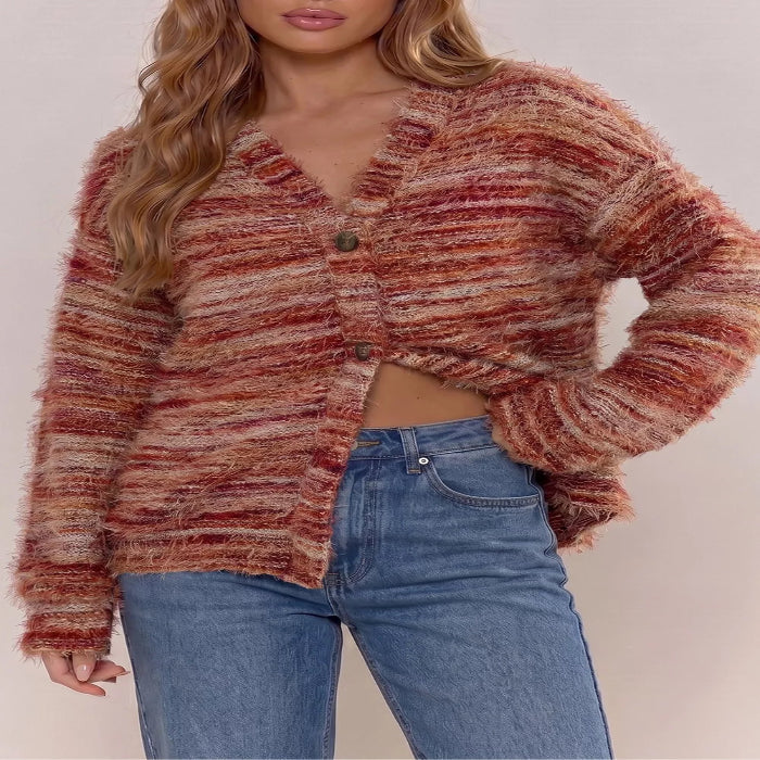 Model wearing the Fuzzy Striped Button Front Cardigan Sweater Main image