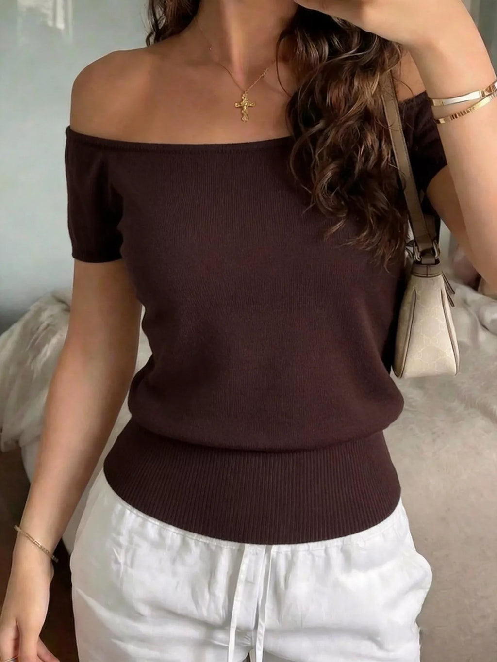 Off-Shoulder Short Sleeve Knit Top view 2