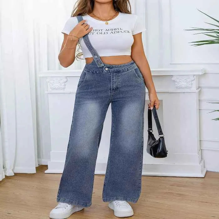 Adjustable wide-leg denim overalls — primary view
