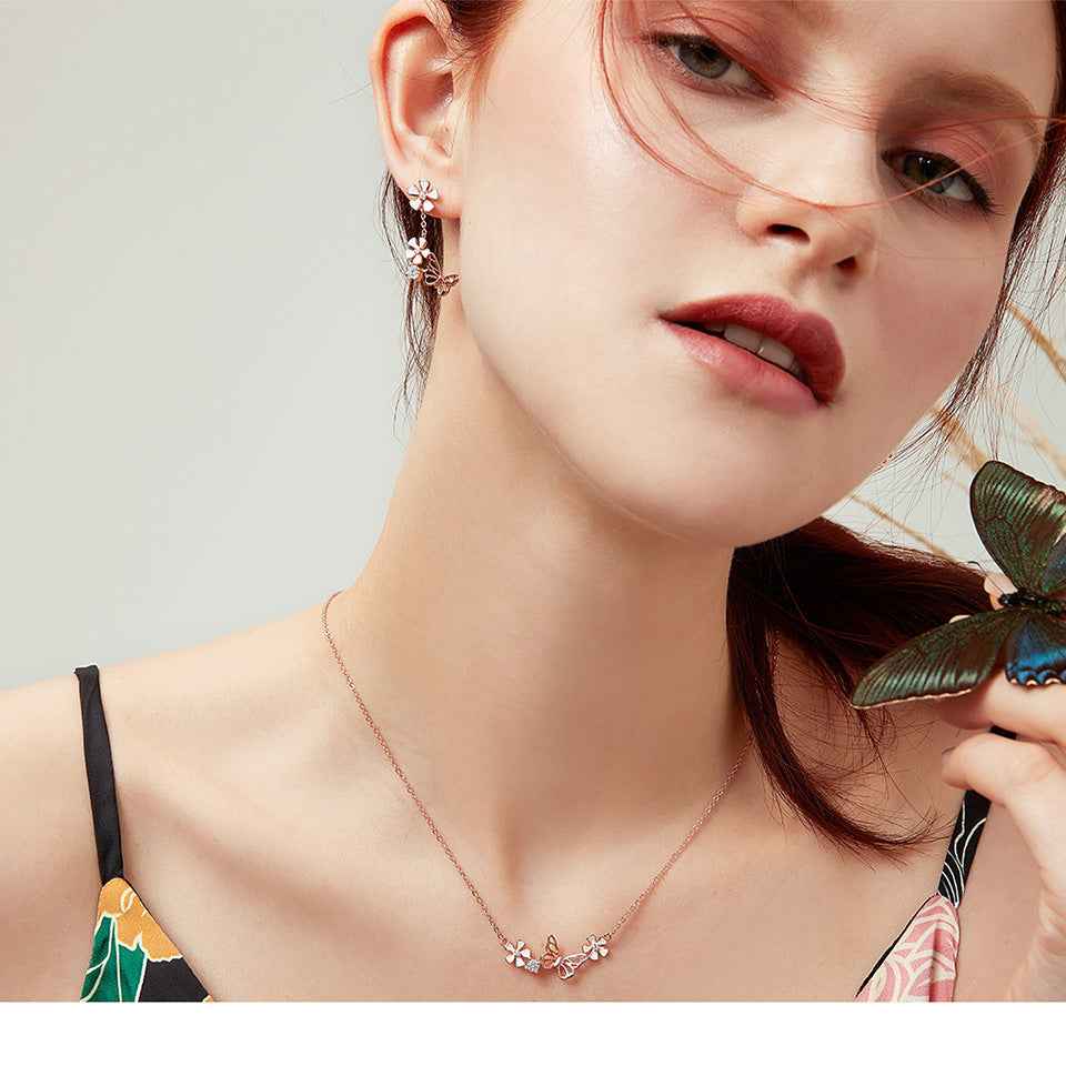Butterfly Flower Pendant Necklace (Silver-Plated) Secondary image