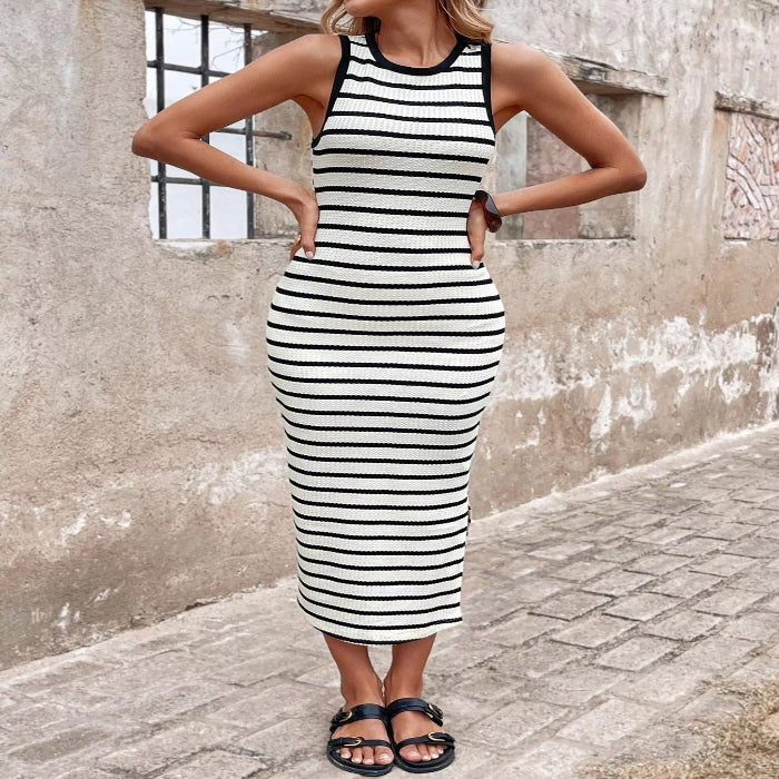 Model wearing the Striped Sleeveless Bodycon Midi Dress Main image