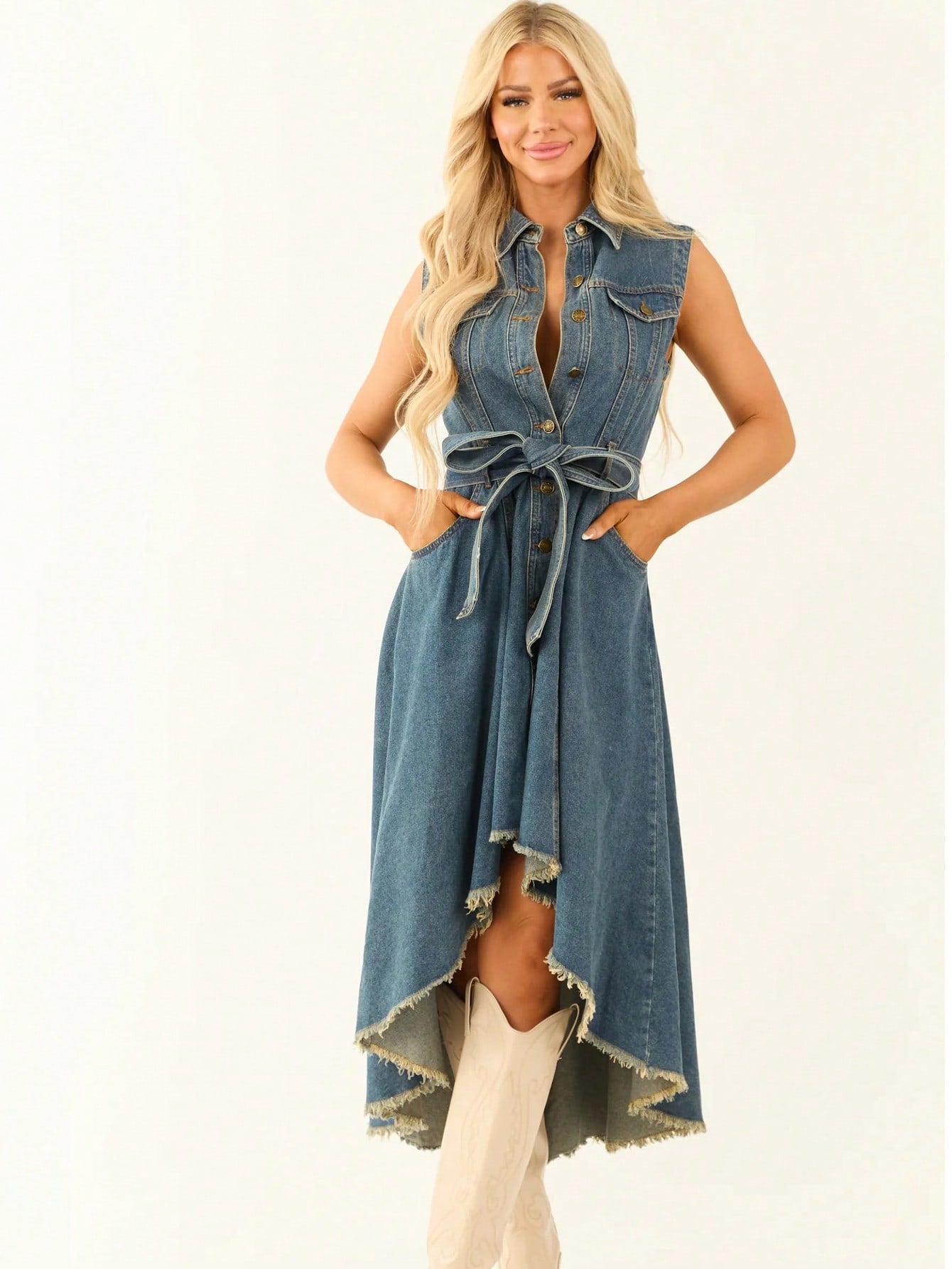 Sleeveless Empire Waist Dress with Hollow - Splashis