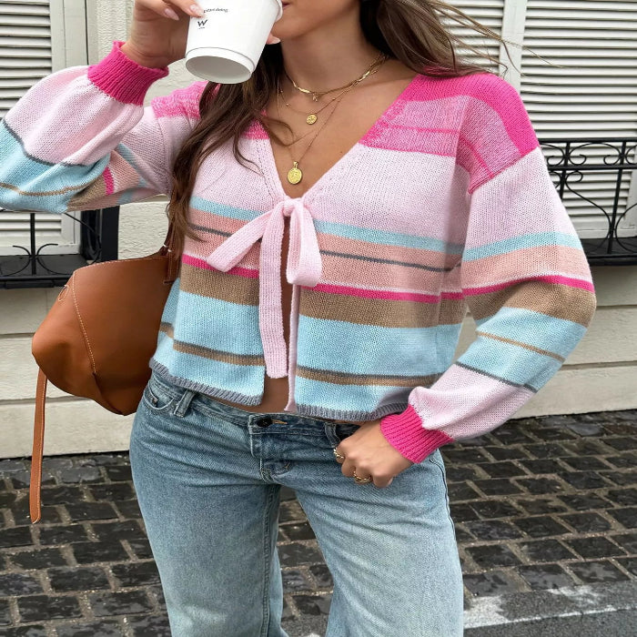 Model wearing the Striped Tie-Front Cardigan Main image