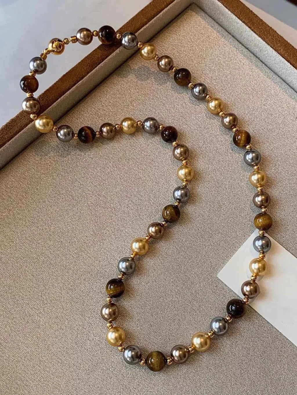 Tiger eye and pearl beaded necklace — additional view 4