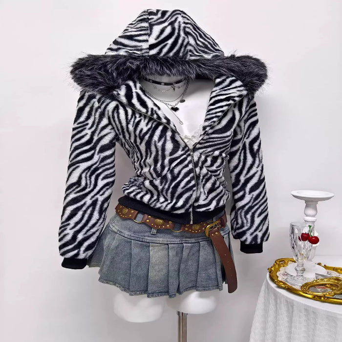 Zebra faux fur hooded zip-up jacket — primary view Main image