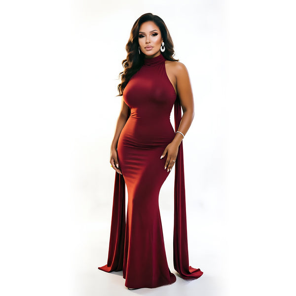 Halter-neck fishtail evening gown with cape — additional view 12