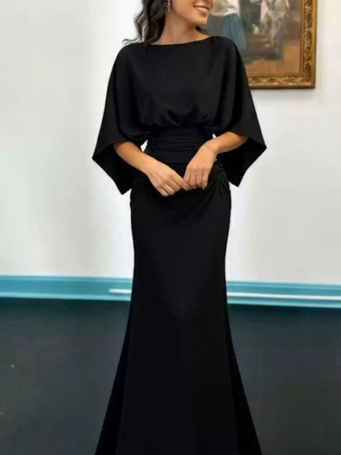 Batwing Sleeve Ruched Maxi Dress-Maxi Dress.-Splashis-Splashis