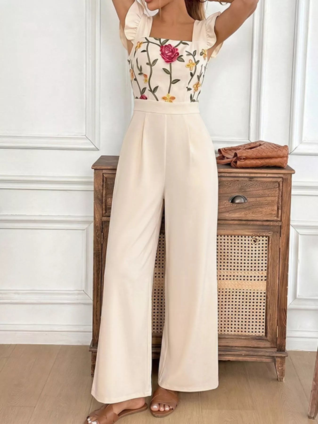 Floral Embroidered Jumpsuit Ruffle Trim-Jumpsuit-Splashis-Splashis