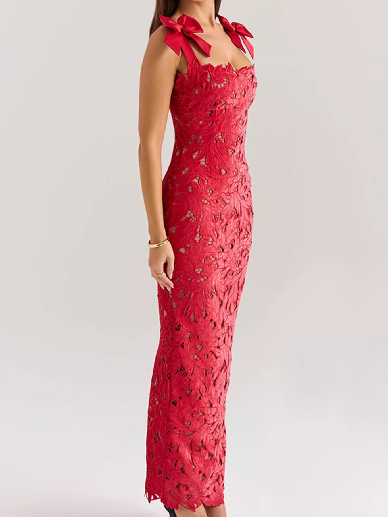 Lace Cutout Tie Shoulder Maxi Dress with Side Slit-Formal + Evening Dresses-Splashis-Splashis