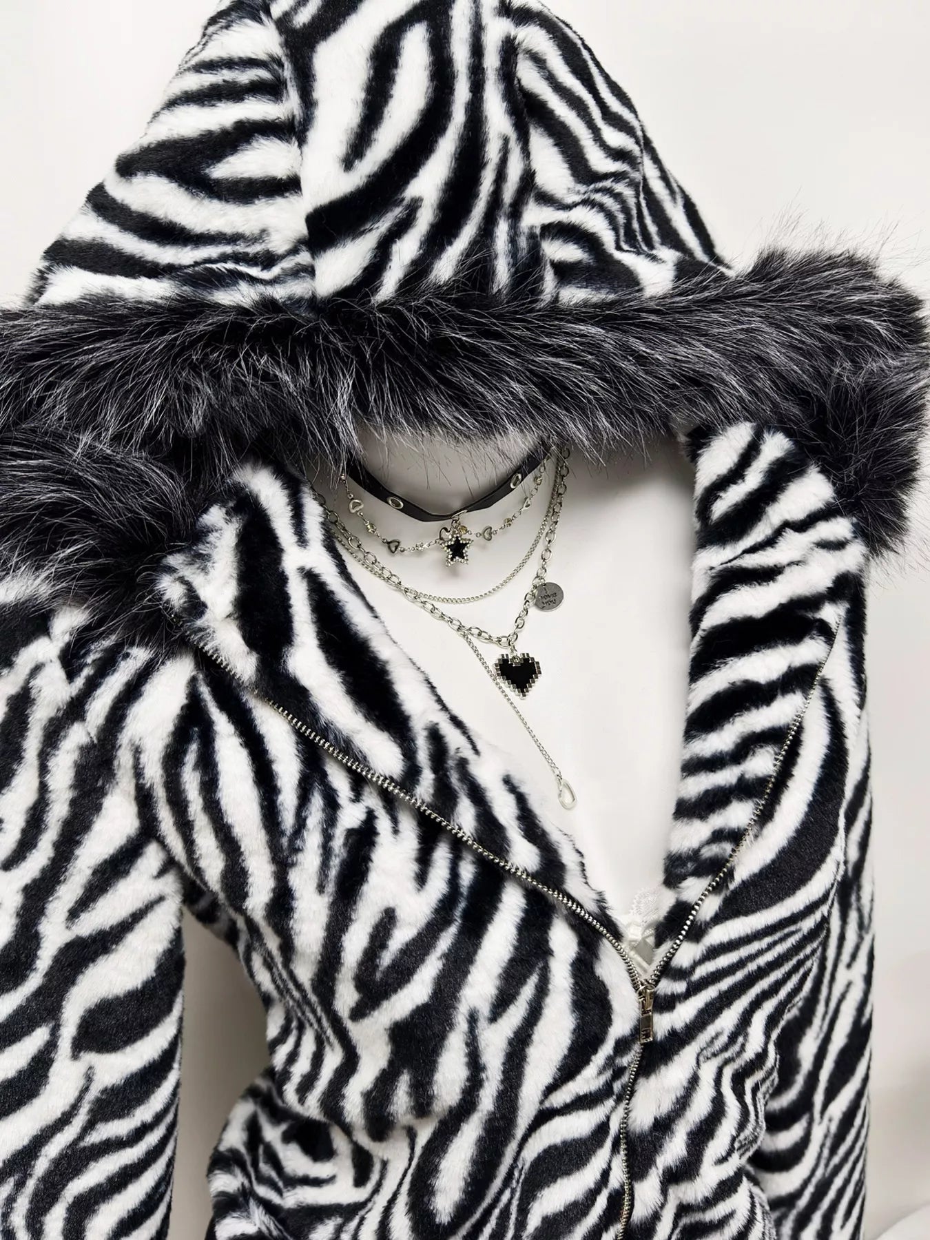 Zebra Faux Fur Hooded Zip-Up Outerwear Secondary image