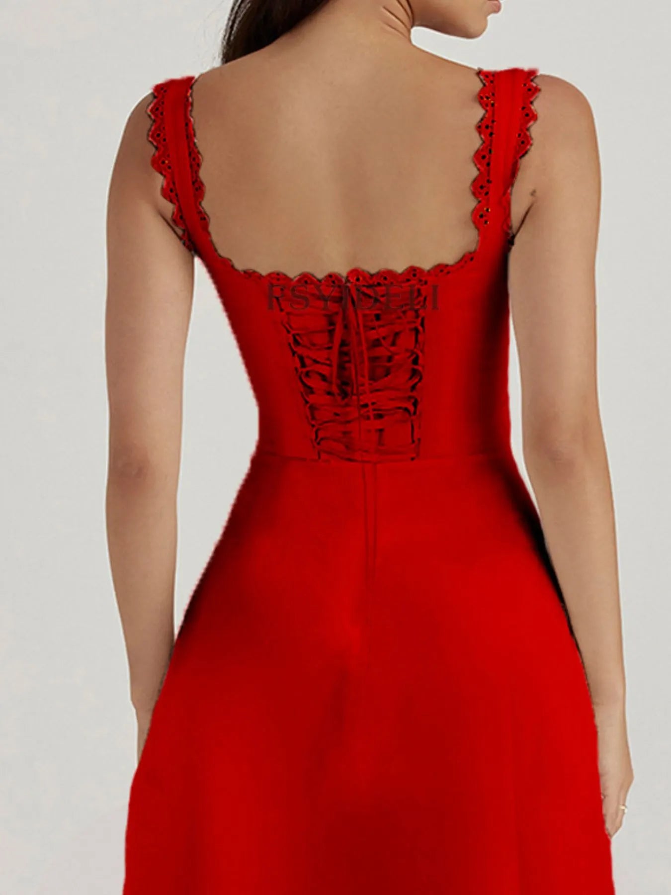Scalloped V-Neck Midi Dress with Back Lace-Up--Splashis-Trendsi