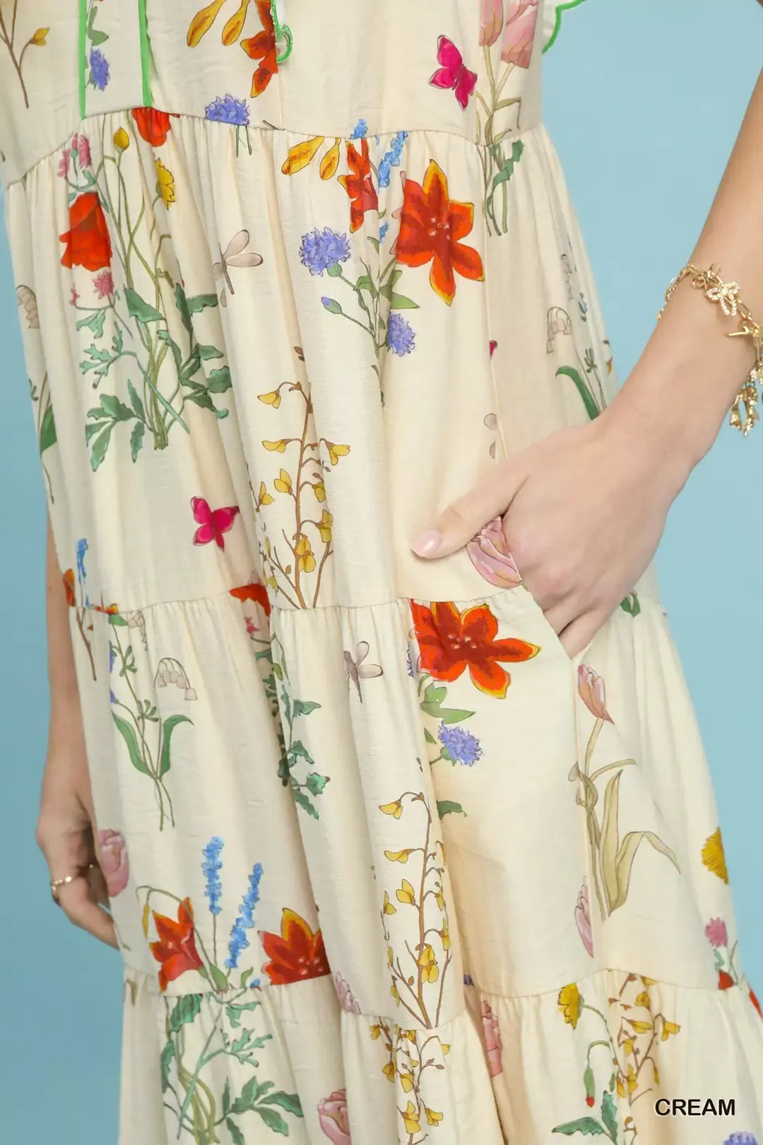 Umgee Floral Ruffle Tiered Midi Dress with Scalloped Detail--Splashis-Trendsi